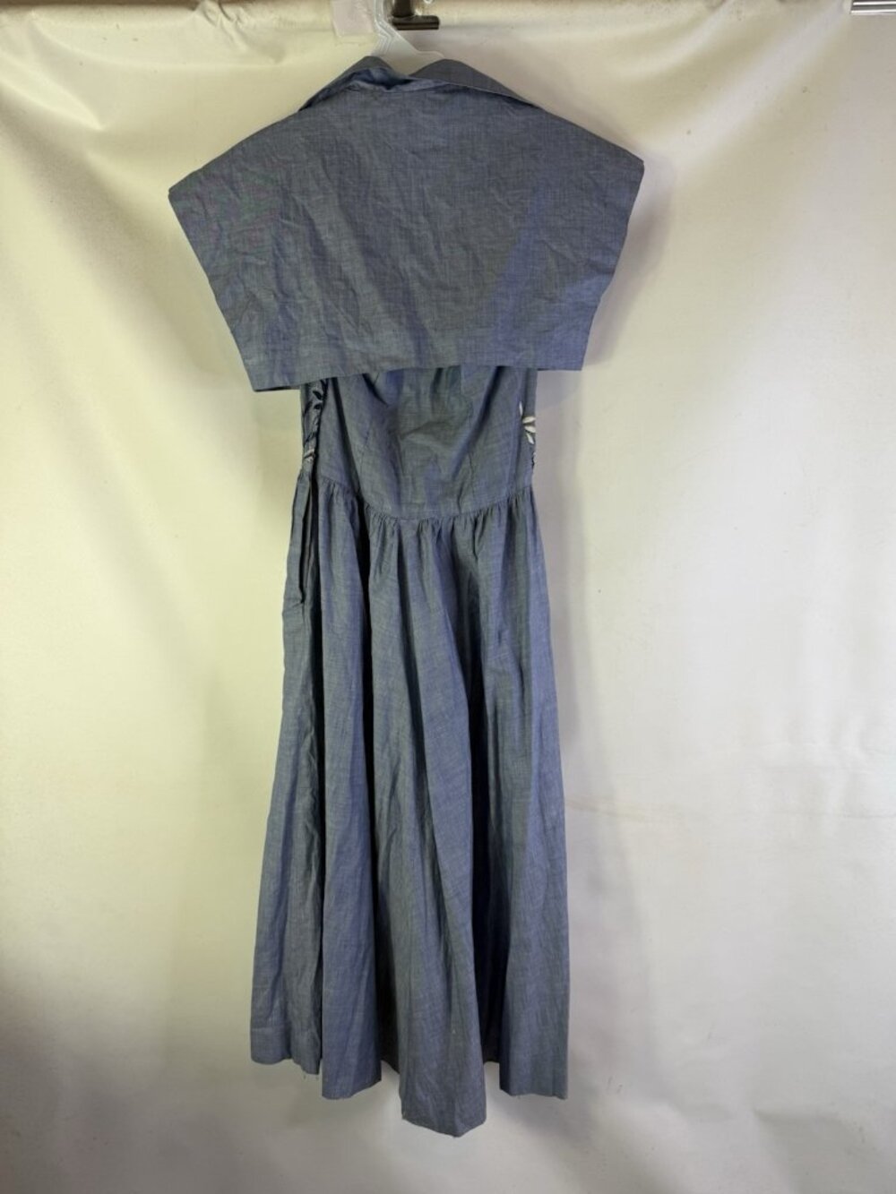 Vintage 50s Pin Up Rockabilly Chambray Floral Embroidered Halter Dress - Picture 10 of 11